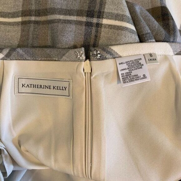 Katherine Kelly Plaid Pencil Skirt Womens Size 8 Gray Cream Lined Zip Back - Picture 6 of 11